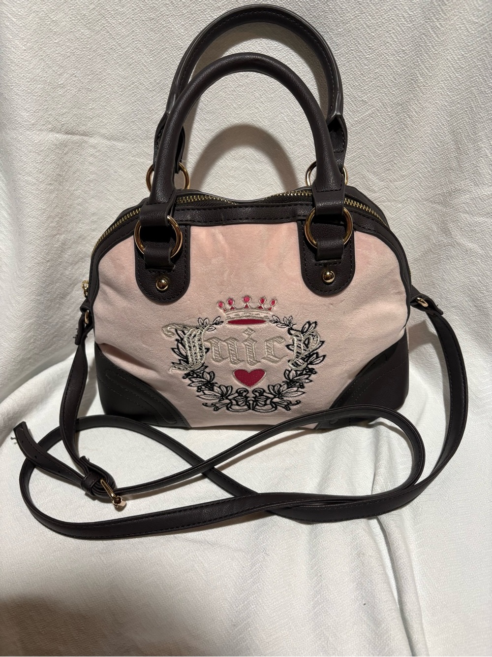Juicy Couture Pink and Brown Embroidered Crest Satchel